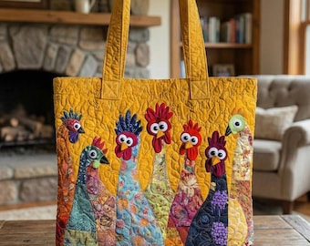 Chicken Quilted Tote Bag, Colorful Patchwork Chicken Tote, Farmhouse Quilted Purse, Gift for Chicken Lovers