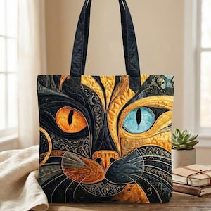 Puede incluir: Bolso tote negro con un diseño acolchado de la cara de un gato. La cara del gato está dividida, con un ojo naranja y otro azul. El bolso tiene asas negras y una textura acolchada.
