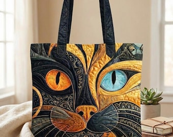 Cat Art Quilted Tote Bag, Colorful Cat Face Tote, Handmade Quilted Bag for Cat Lovers, Gift for Cat Mom