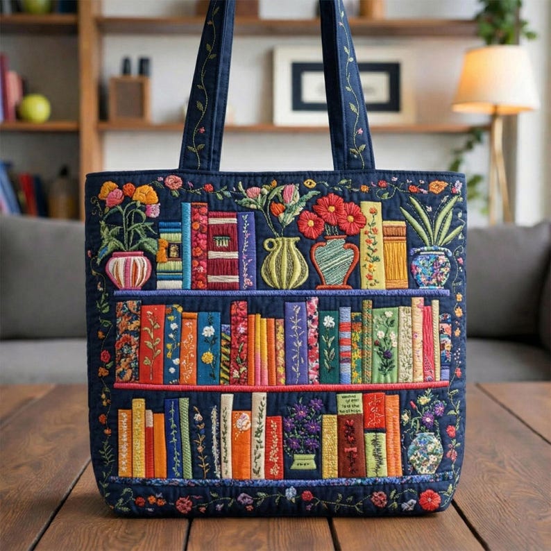 Book Lover Quilt Tote Bag, Floral Open Book Quilted Tote, Library Book Patchwork Tote Bag, Bookish Market Bag for Readers, Teacher Gift image 4