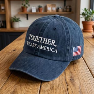 Może przedstawiać: Granatowa czapka bejsbolówka z haftowanym białym napisem "TOGETHER, WE ARE AMERICA". Czapka posiada małą naszywkę z amerykańską flagą z boku. Kapelusz leży na drewnianej powierzchni.