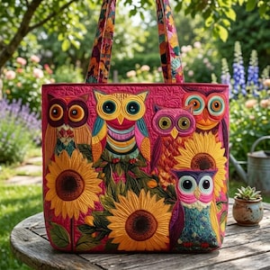 May include: A quilted tote bag featuring a vibrant design of owls and sunflowers. The bag is primarily pink with colorful owl and sunflower appliqués. The handles and trim have a floral pattern. The bag is sitting on a wooden table in a garden setting.