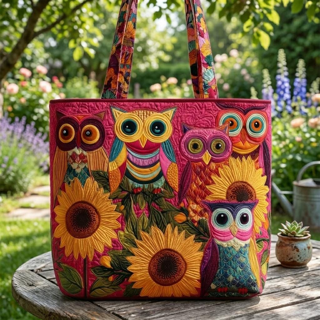 Colorful Owl Sunflower Quilted Tote Bag, Floral Patchwork Shoulder Bag, Boho Handmade Tote Purse, Gi