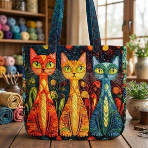 Könnte beinhalten: Gesteppte Tragetasche mit drei stilisierten Katzen in Orange, Gelb und Blau mit grünen Augen. Die Katzen sind vor einem dunklen Hintergrund mit wirbelnden Mustern platziert. Die Tasche hat dunkelblaue Griffe und eine gesteppte Textur.