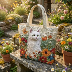 May include: Cream-colored tote bag featuring a detailed, quilted design of a white cat surrounded by colorful flowers. The bag has sturdy handles and is set against a backdrop of a garden with potted flowers and stone steps.