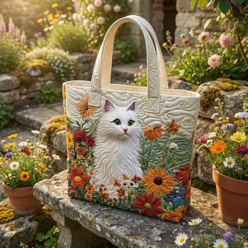 May include: Cream-colored tote bag featuring a detailed, quilted design of a white cat surrounded by colorful flowers. The bag has sturdy handles and is set against a backdrop of a garden with potted flowers and stone steps.