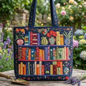 Book Lover Quilt Tote Bag, Floral Open Book Quilted Tote, Library Book Patchwork Tote Bag, Bookish Market Bag for Readers, Teacher Gift image 3