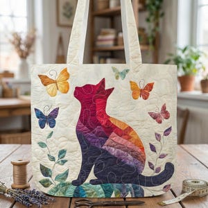 Bolsa de mano acolchada con diseño de gato, con diseño de mariposas y patchwork floral, estilo cottagecore, ideal como regalo para amantes de los gatos.