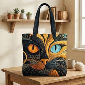 Cat Art Quilted Tote Bag, Colorful Cat Face Tote, Handmade Quilted Bag for Cat Lovers, Gift for Cat Mom image 3
