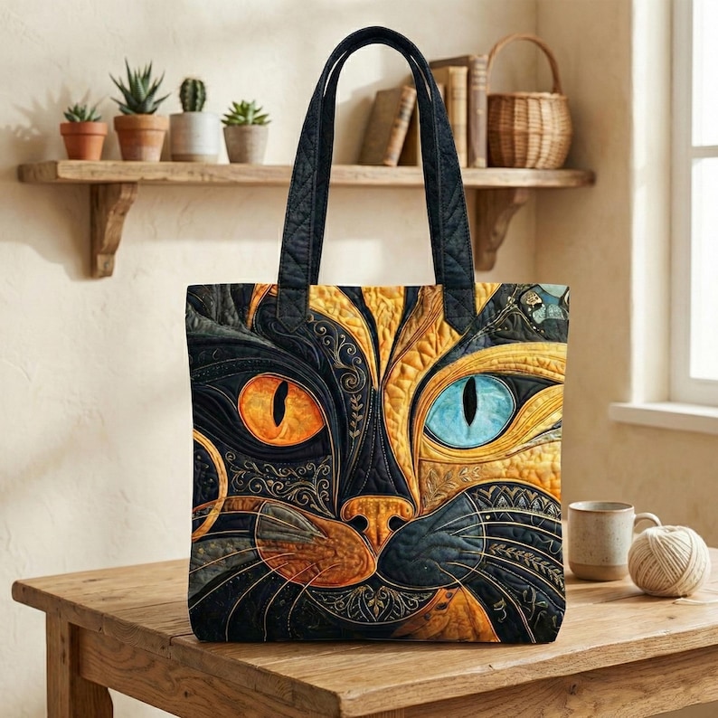 Cat Art Quilted Tote Bag, Colorful Cat Face Tote, Handmade Quilted Bag for Cat Lovers, Gift for Cat Mom image 3