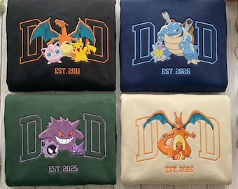 Chemise brodée PokaDad personnalisée, sweat-shirt personnalisé personnages d'anime, cadeau fête des pères anime, bête de poche, cadeau d'anniversaire pour papa
