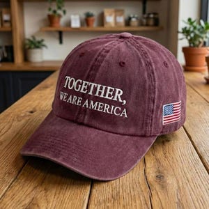 May include: A maroon baseball cap with the text "TOGETHER, WE ARE AMERICA" embroidered in white. An American flag patch is on the side. The cap is made of a soft, worn material.