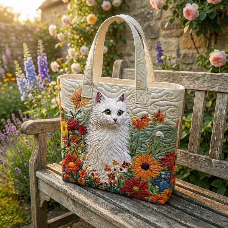 May include: Cream-colored tote bag featuring a white cat surrounded by colorful embroidered flowers. The bag has a quilted design and sturdy handles. The cat has green eyes and pink accents on its ears. The flowers include orange, red, and yellow blooms.