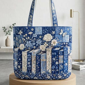 May include: A quilted tote bag with a blue floral and book design. The bag features a patchwork pattern with white and blue flowers, and a butterfly applique. The handles are white. The bag is sitting on a wooden surface.