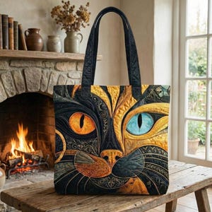May include: Black and gold tote bag featuring a stylized cat face with orange and blue eyes. The bag has black handles and a quilted design. The cat's face is divided into two halves, with intricate patterns and details.