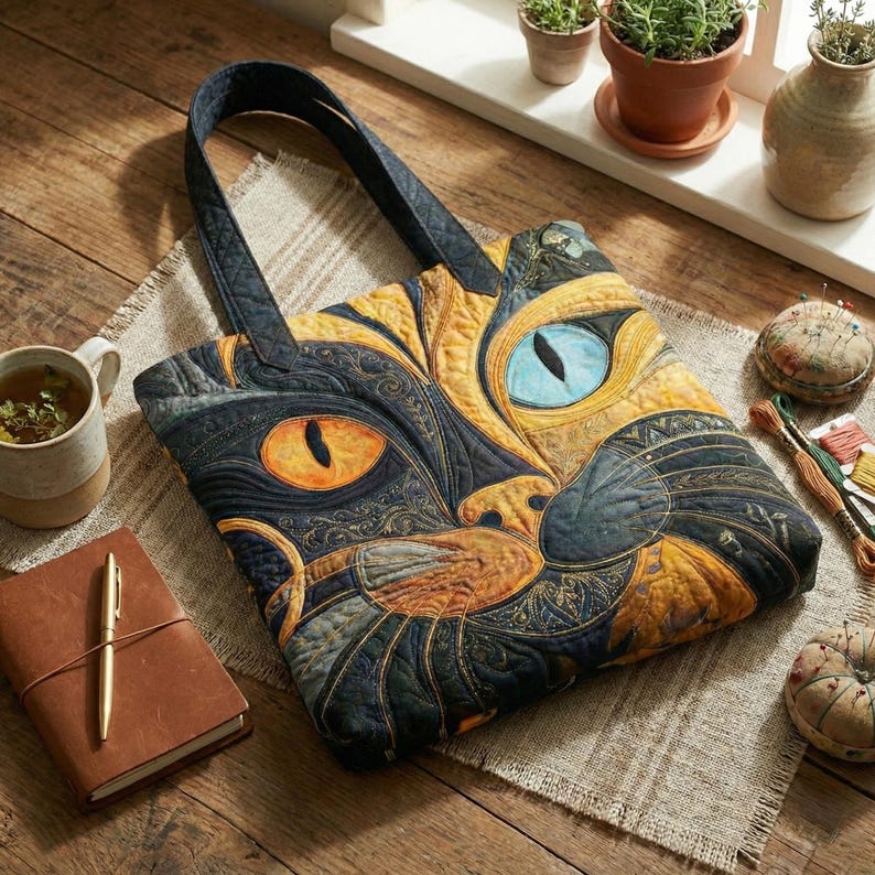 May include: A quilted tote bag featuring a cat face design with orange and blue eyes, and black and yellow fur. The bag has a dark blue handle and is placed on a tan fabric. A notebook, pen, and teacup are also visible.