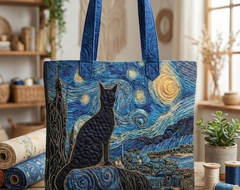 Katze gequiltet Einkaufstasche, Katzen-Liebhaber-Tasche, Katzenmama-Geschenk, künstlerische Katze Quilt Tasche, Tierliebhaber-Tasche