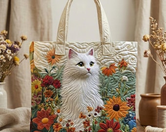 Gesteppte Katze Einkaufstasche, Weiße Perserkatze Handtasche, Blumenapplikation Geldbörse, Botanische Garten Tasche, Geschenk für Katzenmutter, Handgemachte Schultertasche