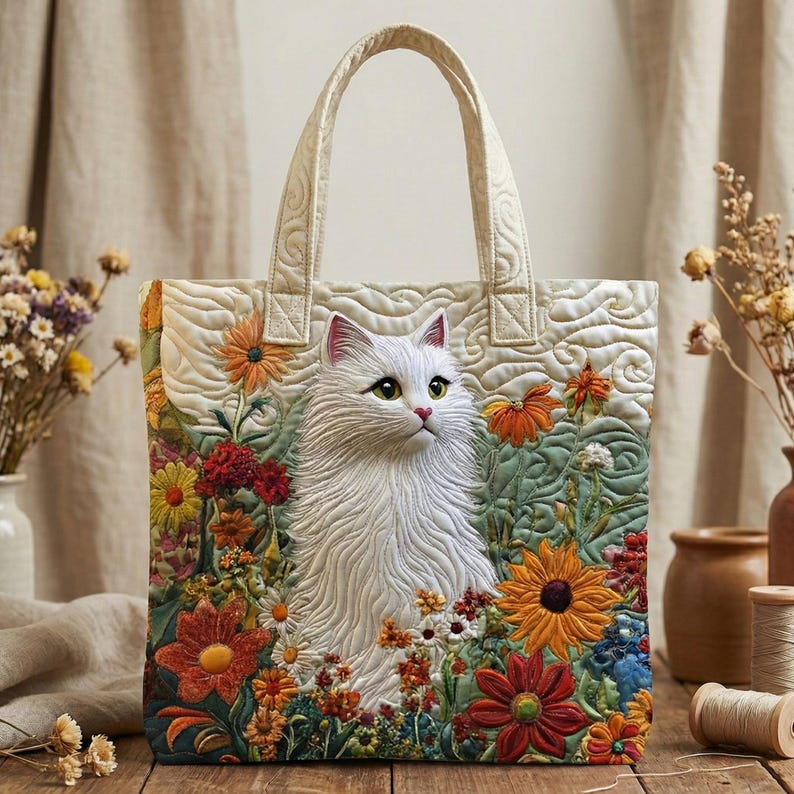 May include: Cream-colored tote bag featuring a detailed, quilted design of a white cat amidst colorful flowers. The bag has a quilted handle and a textured background. The flowers include orange, red, and yellow blooms, creating a vibrant, artistic aesthetic.