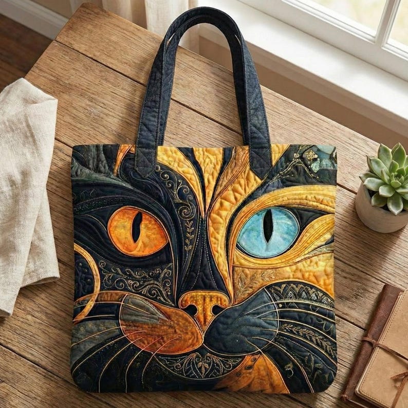 May include: Quilted tote bag featuring a stylized cat face with orange and blue eyes, black and gold fur, and intricate embroidered details. The bag has dark blue handles and is made of a quilted fabric. The bag is on a wooden surface.
