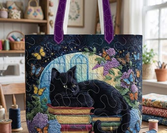 Black Cat Tote Bag, Quilted Book Lover Handbag, Floral Butterfly Purse, Witchy Aesthetic Shoulder Bag, Dark Academia Gift for Reader