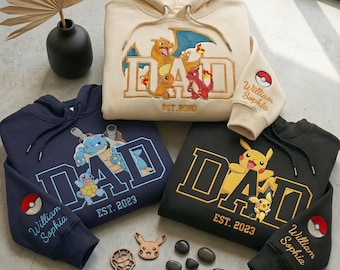 Camiseta personalizada bordada PokaDad, sudadera personalizada con personajes de anime, regalo de anime para el Día del Padre, regalo de cumpleaños para papá, sudadera con capucha Pocket Beast