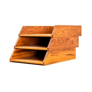 Conjunto de 3 compartimentos de armazenamento de mesa em carvalho, madeira empilhável, organizador de mesa com prateleira, madeira de carvalho, bandeja para documentos, bandeja para papel, bandeja para cartas, A4