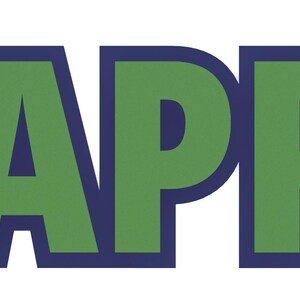 May include: The word "HAPPY" in large, bold, green letters with a dark blue outline. The letters are centered on a white background. The design is simple and eye-catching.
