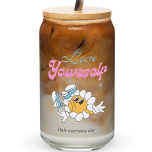 Love Yourself Glass Cup: 16oz Iced Coffee Tumbler with Bamboo Lid