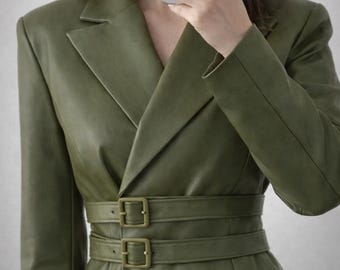 Women’s Olive Green Leather Coat, Belted Peplum Style Leather Jacket, Elegant Tailored Outerwear Gift for Her