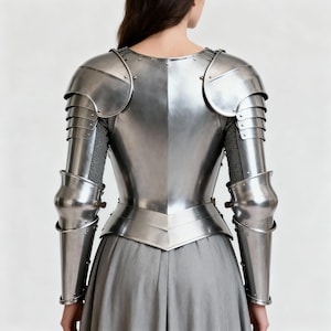 May include: A polished steel breastplate and matching arm armor set featuring articulated shoulder pauldrons, elbow couters, and forearm vambraces. The metallic armor is worn over a grey garment, showcasing a smooth, reflective surface with visible rivets.