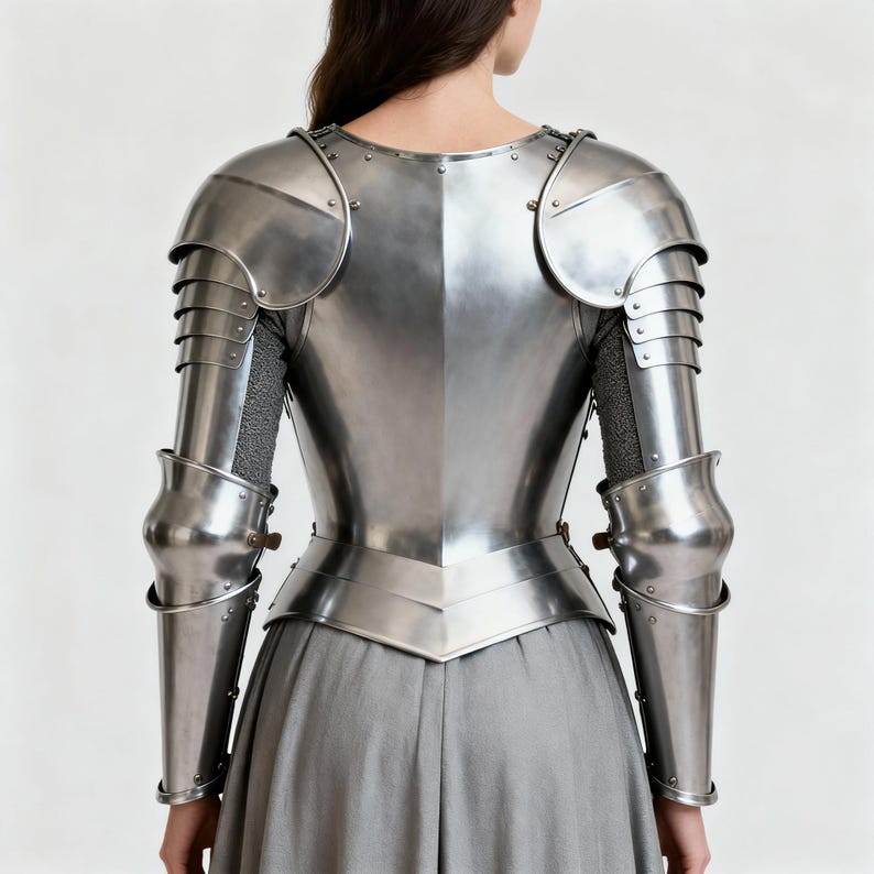 May include: A polished steel breastplate and matching arm armor set featuring articulated shoulder pauldrons, elbow couters, and forearm vambraces. The metallic armor is worn over a grey garment, showcasing a smooth, reflective surface with visible rivets.