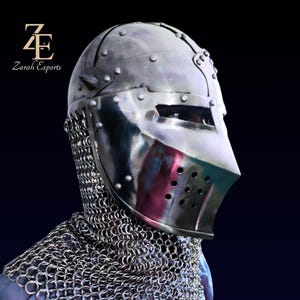 Medieval Bascinet Knight Helmet: 18 Gauge Steel, Chainmail Aventail image 12