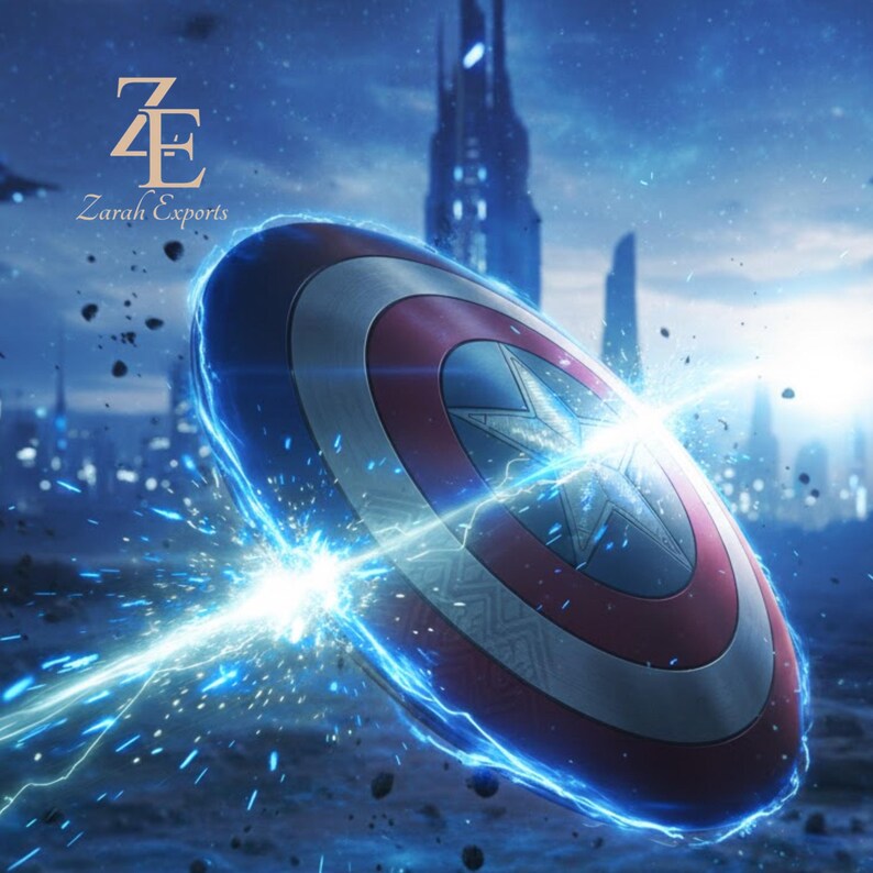 May include: A Captain America shield with a red, white, and blue design, surrounded by blue energy and sparks. The shield features a white star in the center and is set against a futuristic city backdrop. The Zarah Exports logo is in the upper left corner.