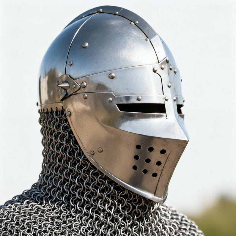 May include: A polished steel medieval helmet with a riveted construction. The helmet features a visor with eye slits and a series of small holes. A chainmail coif protects the neck and shoulders. The helmet is designed for protection and historical reenactment.