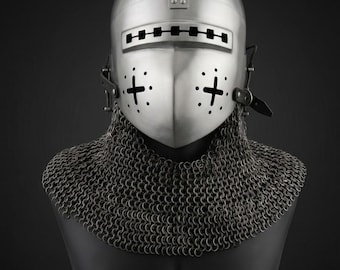 Medieval Visored Bascinet Helmet with Chainmail Aventail, Houndskull Klappvisor Knight Helmet, Steel LARP Armor, Crusader Helmet