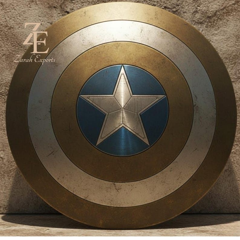 May include: A round shield with a metallic finish, featuring concentric circles in gold, silver, and blue. A silver star is centered on a blue circle. The shield has a weathered appearance, suggesting a vintage or battle-worn aesthetic. The text "Zarah Exports" is visible.
