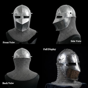 May include: A polished steel knight helmet featuring a pointed visor, horizontal eye slits, and a series of ventilation holes. The helmet includes an attached chainmail aventail that covers the neck and shoulders, shown from multiple angles.