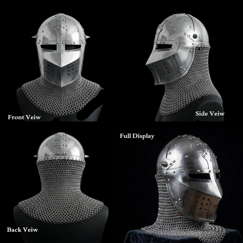 May include: A polished steel knight helmet featuring a pointed visor, horizontal eye slits, and a series of ventilation holes. The helmet includes an attached chainmail aventail that covers the neck and shoulders, shown from multiple angles.