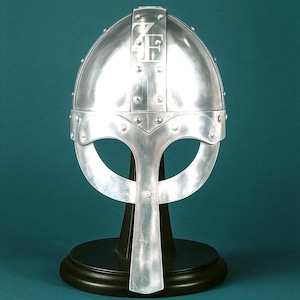 Steel Medieval Viking Helmet with Stand | Fully Functional Norman Norse Warrior Armor | SCA LARP Collectible Knight Wearable Battle Helmet