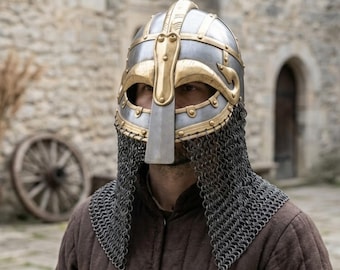 Casco vikingo Vendel hecho a mano: armadura de acero, cota de malla, réplica para LARP y cosplay.
