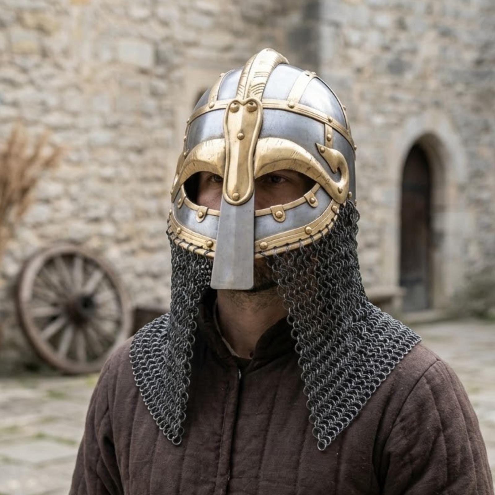 Viking Wolf Warrior Helmet With Chainmail Aventail, Polished Steel