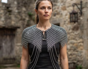 Silver Chainmail Shoulder Cape & Collar — Lightweight Mild Steel Butted Rings, Cascading Decorative Body Chains, Medieval, Renaissance, LARP