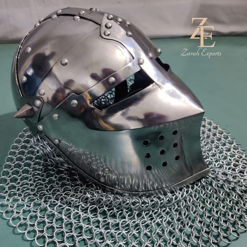 Medieval Bascinet Knight Helmet: 18 Gauge Steel, Chainmail Aventail image 8