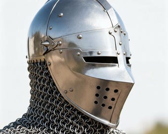 Medieval Houndskull Bascinet Helmet, 18 Gauge Mild Steel Klapvisor with Chainmail Aventail, 14th Century Knight Armor, LARP Helmet