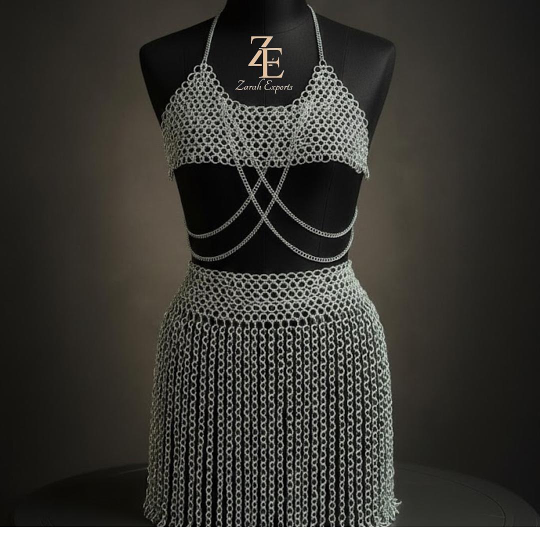Silver Chainmail Dress Set, Handmade Medieval Armor Fringe Skirt Top