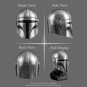 Puede incluir: Casco medieval de gran cruzado plateado, mostrado desde diferentes &aacute;ngulos. Armadura de acero hecha a mano, adecuada para LARP y cosplay. El casco presenta una visera en forma de T y detalles laterales.
