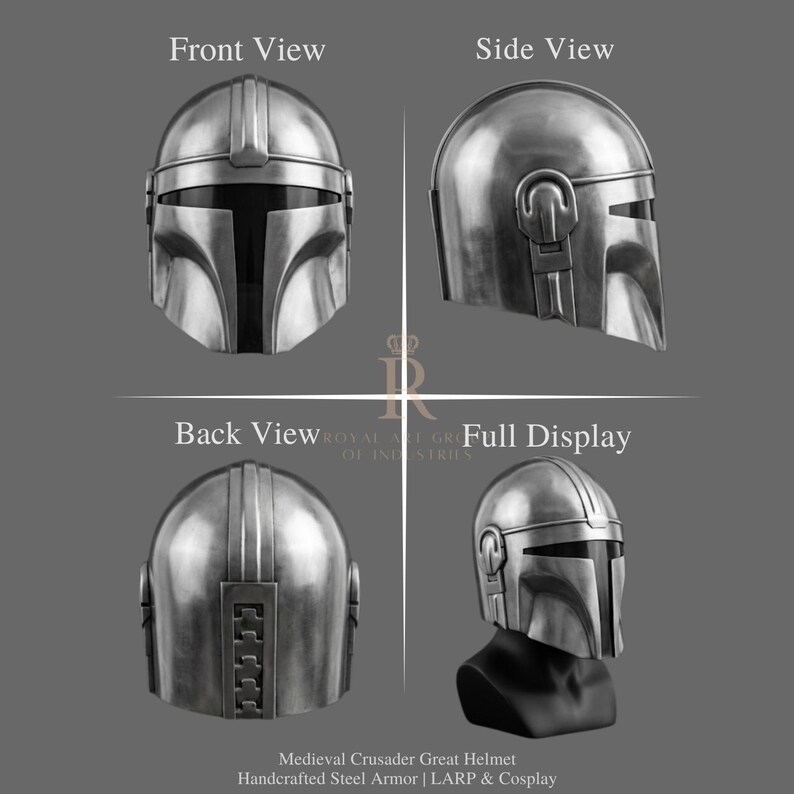 Puede incluir: Casco medieval de gran cruzado plateado, mostrado desde diferentes &aacute;ngulos. Armadura de acero hecha a mano, adecuada para LARP y cosplay. El casco presenta una visera en forma de T y detalles laterales.