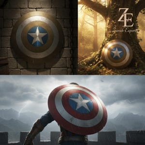 May include: A Captain America shield with a blue star on a white starburst, surrounded by concentric circles of red, white, and blue. The shield is featured in multiple settings, including against a brick wall and in a forest setting.
