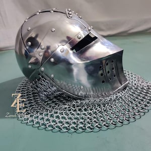 Medieval Bascinet Knight Helmet: 18 Gauge Steel, Chainmail Aventail image 7